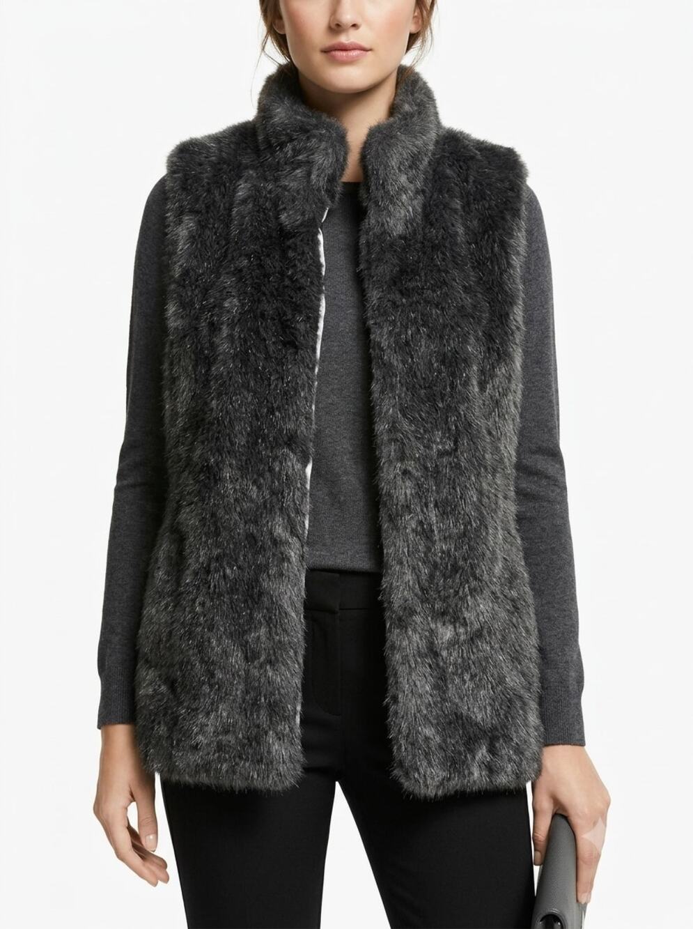 Banana Republic Vest Jacket Women's XS Gray Faux Fur Open Front Lined Outdoor